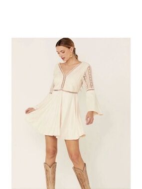 Cream Lace-Panel V-Neck Mini Dress